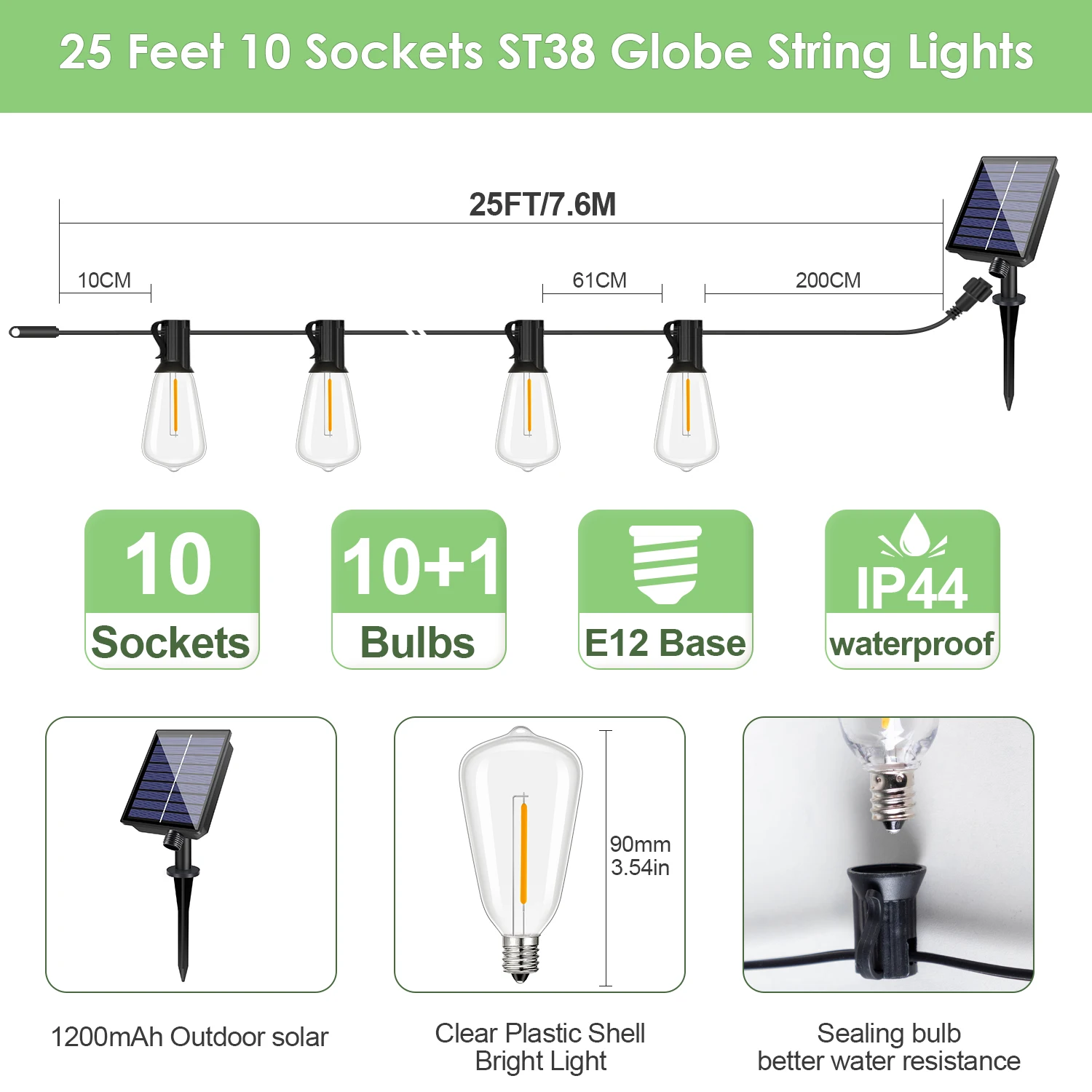 ULIGHTOWN Luci solari per esterni, 14 m, alimentate a energia solare, con 25 lampadine infrangibili, porta USB e telecomando, luci impermeabili IP65, per gazebo, giardino, patio, feste