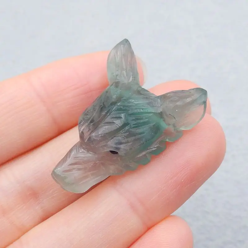 Natural Stone Rainbow Fluorite Handcarved Wolf Head Side Drilled Neklace Pendant 31x21x11mm 8g