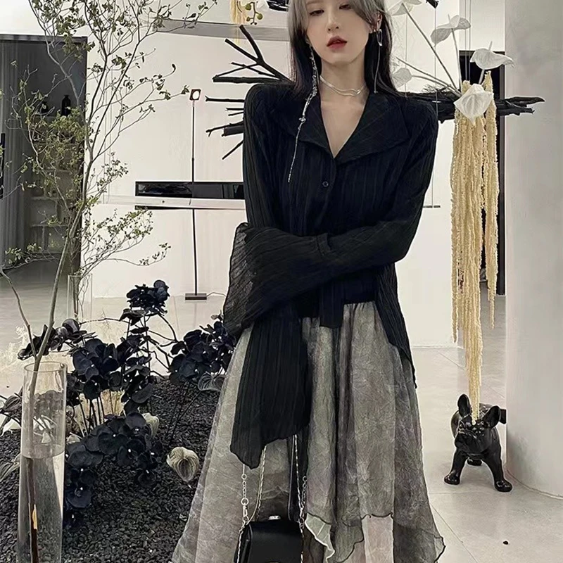Harajuku Dark Academic Shirt Women Streetwear Vintage Y2K Blouse Sexy Gothic Long Sleeve Irregular Female Spring New Tops