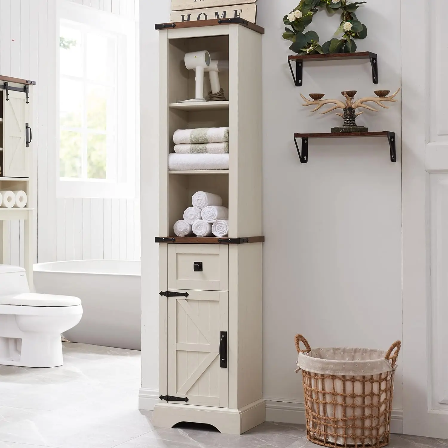 

Bathroom Storage Cabinet, Farmhouse Storage Cabinet with Adjustable Shelves & Storage Drawer, Tall Linen Tower for Bathroom