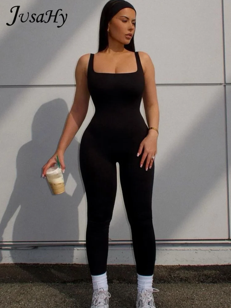 

JusaHy Women Summer 2023 New Solid Simple Classic Backless Elastic Skinny Jumpsuit High Street Sporty Yoga Fitness Chic Tights