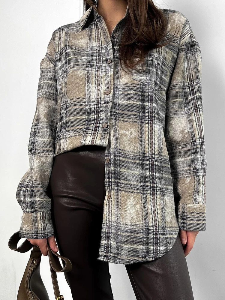 

Aynaray 2023 Autumn Winter Women Vintage Oversized Plaid Shirt Thick Long Sleeve Loose Fit Blouse For Woman Female