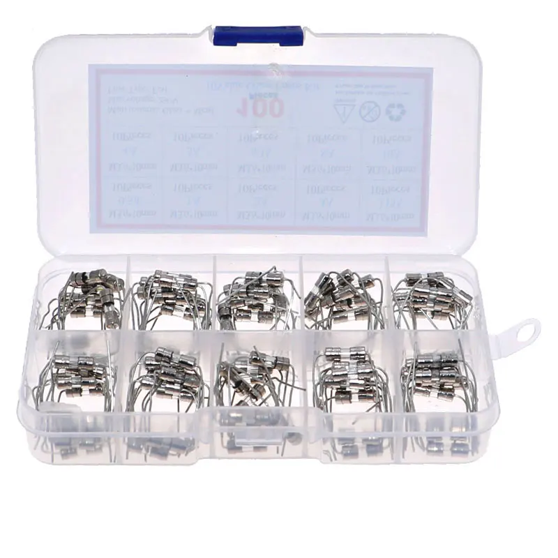 100pcs 10value 3.6*10mm 250V Double Iron Cap Axial Slow Glass Fuse kit Box With Lead Wire 0.5A 1A 2A 3A 3.15A 4A 5A 6.3A 8A 10A glass fuse kit