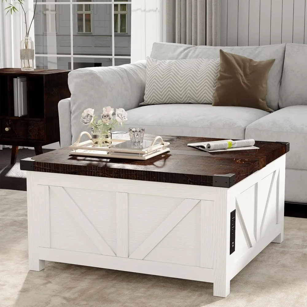Farmhouse Lift Top Coffee Table with Storage, Wood Square Center Table with Charging Station&USB Ports, Living Room Central Tabl 6