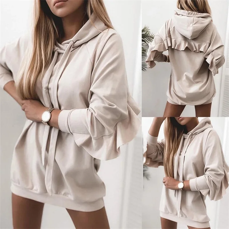 

2021 Spot Autumn/winter Women's Hooded Casual Tops Long-sleeved Loose Ruffled Soild Color Fashion Pullover Sweater Streetwear