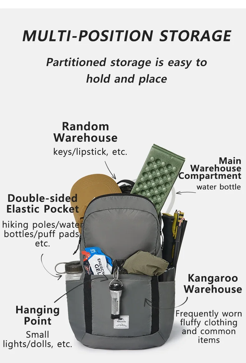 Naturehike Outdoor-Rucksack 18L 22L 25L 30L Ultraleichter Wasserdichter Faltbarer Rucksack für Herren und Damen Camping-Wanderrucksack – Detail 7