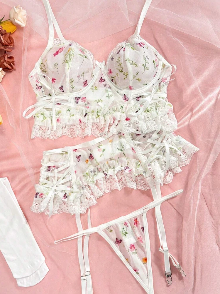 "Women's Sexy Floral Print Sheer Mesh Lingerie Set: Pure and Alluring Sweet Sexy Bra and Panty Set-Available for "