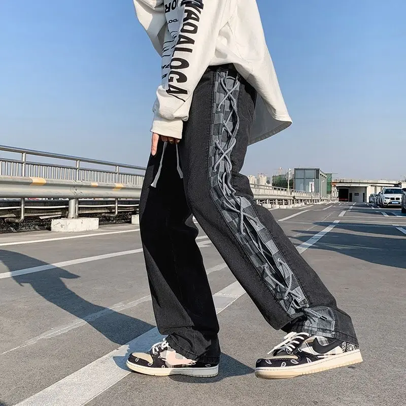 

Y2K Designer Jeans Men Punk Hip Hop Streetwear Denim Straight Pants Black Loose Casual Trousers Male Japanese Spring