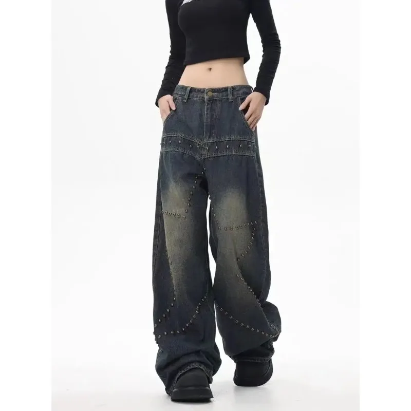 QWEEK Star Girls Y2k Grunge Jeans Oversized Streetwear Baddies Gothic Denim Pants Women Vintage Korean Fashion Wide Leg Trousers