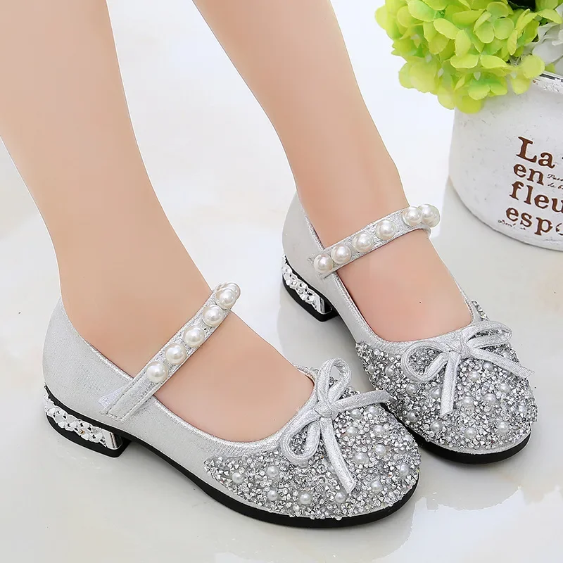 Fashion Children Princess Leather Shoes for Girls Crystal Summer Party Wedding Performance Soft Sweet Pearl Single Shoes