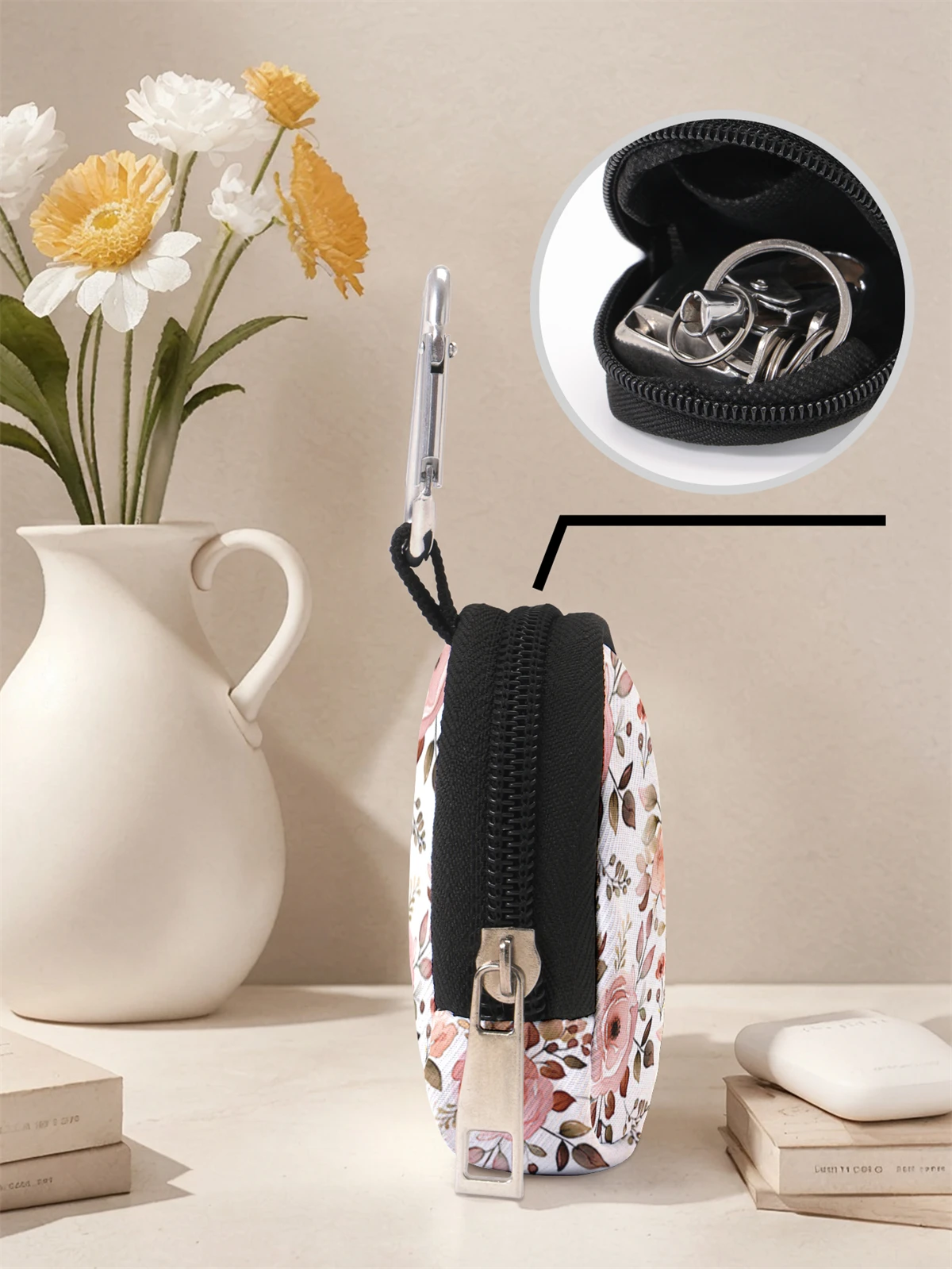 Flower pattern printed mini wallet, lightweight zipper change bag with hook clip, headphone key bag, suitable for men and women