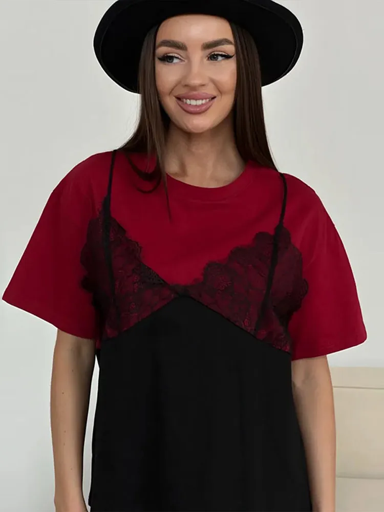 Spitzen-Patchwork T-Shirt mit Fake-Zweiteiler-Effekt für Damen, Eleganter Rundhalsausschnitt, Kurzarm, Locker Geschnittenes Oberteil, Frühlings-Chic, Neue Club- und Partykleidung – Detail 30