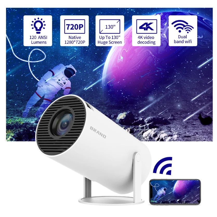 

HY300 Android 11 4K Projector WiFi6 Allwinner H713 200ANSI BT5.0 1280*720P Dual Wifi Home Theater Outdoor Portable 2.4G&5G WIFI