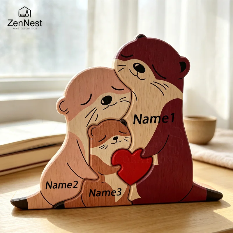 Charming Otter Family Wooden Puzzle Ornament with Red Heart - Perfect for Home or Office Décor and Thoughtful Gift