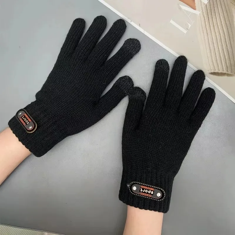 2Pairs Winter Knitted Gloves Thickened Plush Warm Windproof Coldproof Touch Screen Cycling Gloves Outdoor Driving Running Gloves