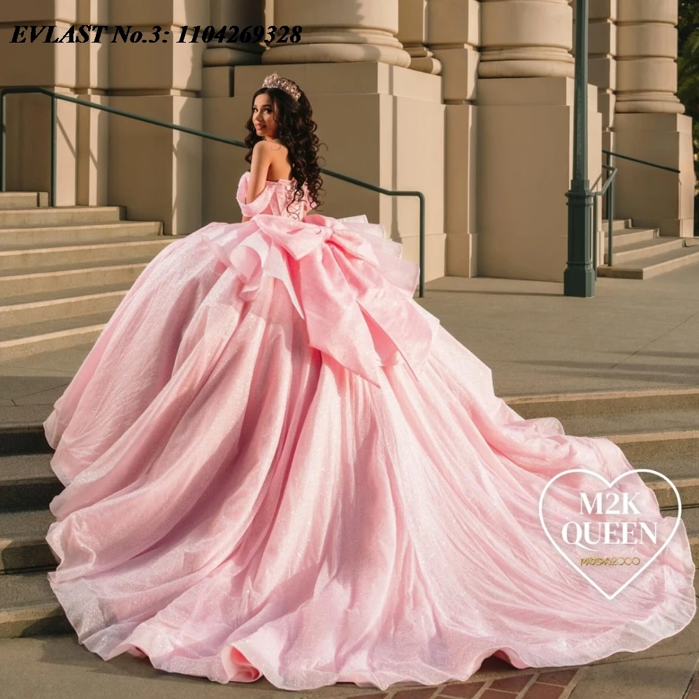 EVLAST Pink Quinceanera Dress Ball Gown Shiny Applique Beading Bow Mexico Corset Sweet 16
