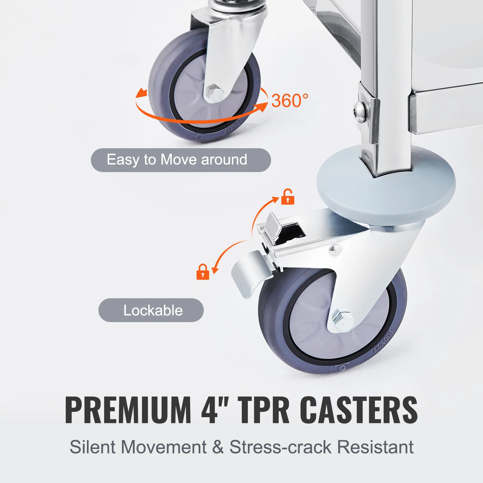 Stainless Steel Utility Cart with Lockable Wheels for Lab Clinic Kitchen
