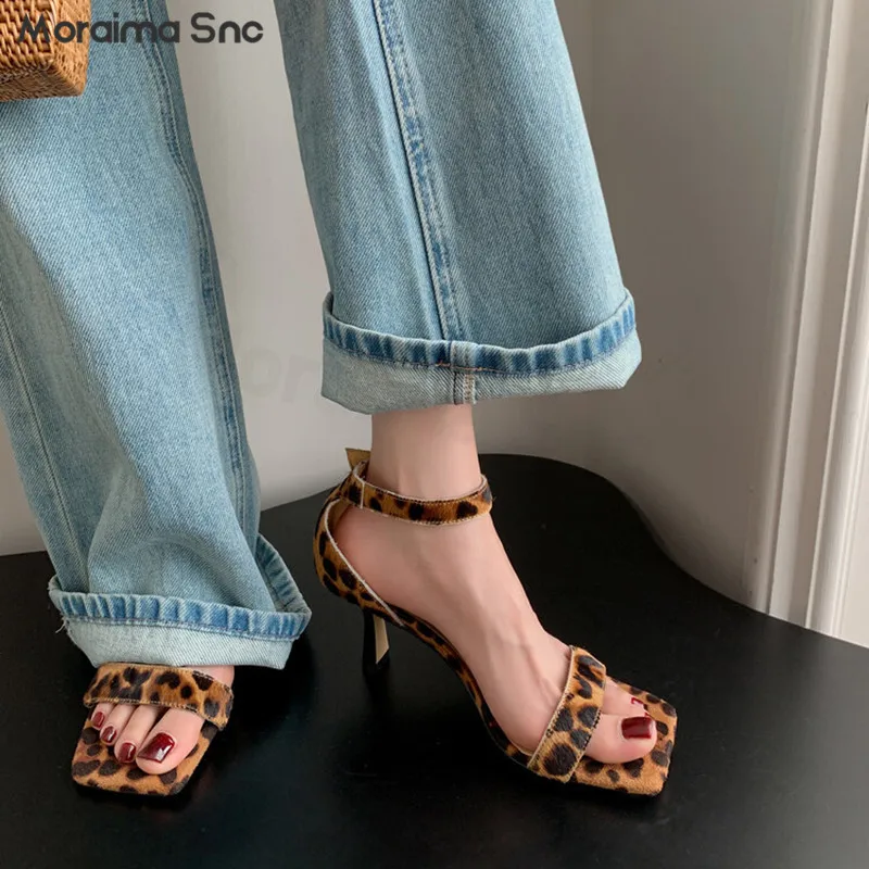 

Horse Hair Leopard Print Strap Sandals Square Toe Stiletto Summer Sexy Sandals Open Toe Back Bag Heel Fashionable Women's Shoes