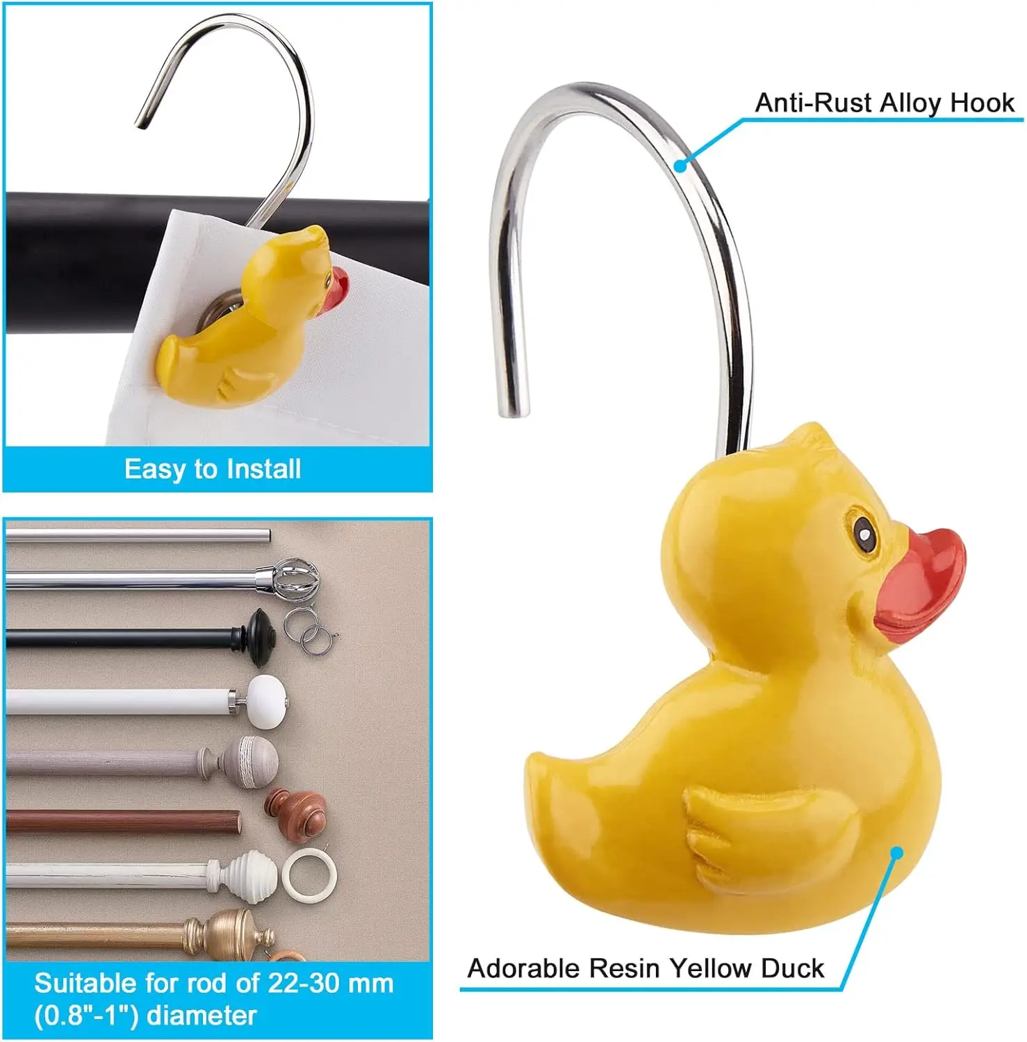 Home Fashions Yellow Duck Anti Rust Decorative Ducky Resin Hooks for Bathroom Shower Curtain,Bedroom,Living Room Curtain 2Pcs