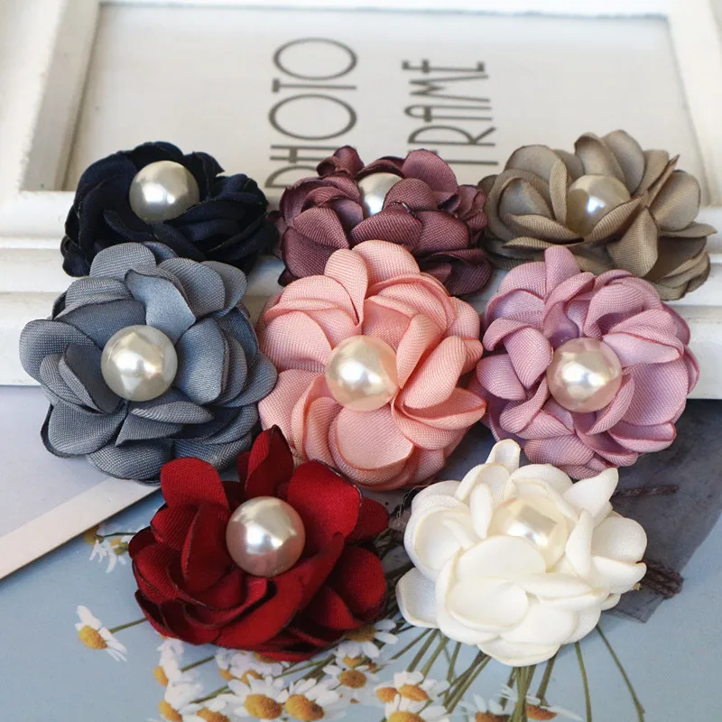 10 Teile/los 4CM Handgemachte Perle Zentrum Stoff Künstliche Blumen Für Hüte Kleid Dekoration Haar Zubehör