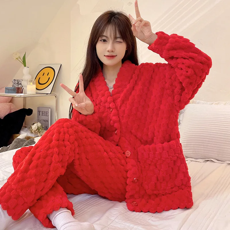 Casual Women Home Pajamas Set Flannel Long-Sleeved Cardigan Solid Top+Loose Pants 2Pcs Autumn Winter Warm Soft Ladies Sleepwear