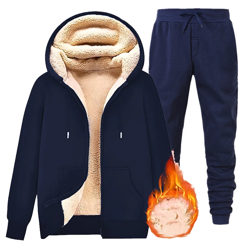 Men Tracksuit Sets Thick Warm Jacket Zipper Hooded Sweatshirt Coat+Pants Brand Sportswear Casual Outwear Hoody