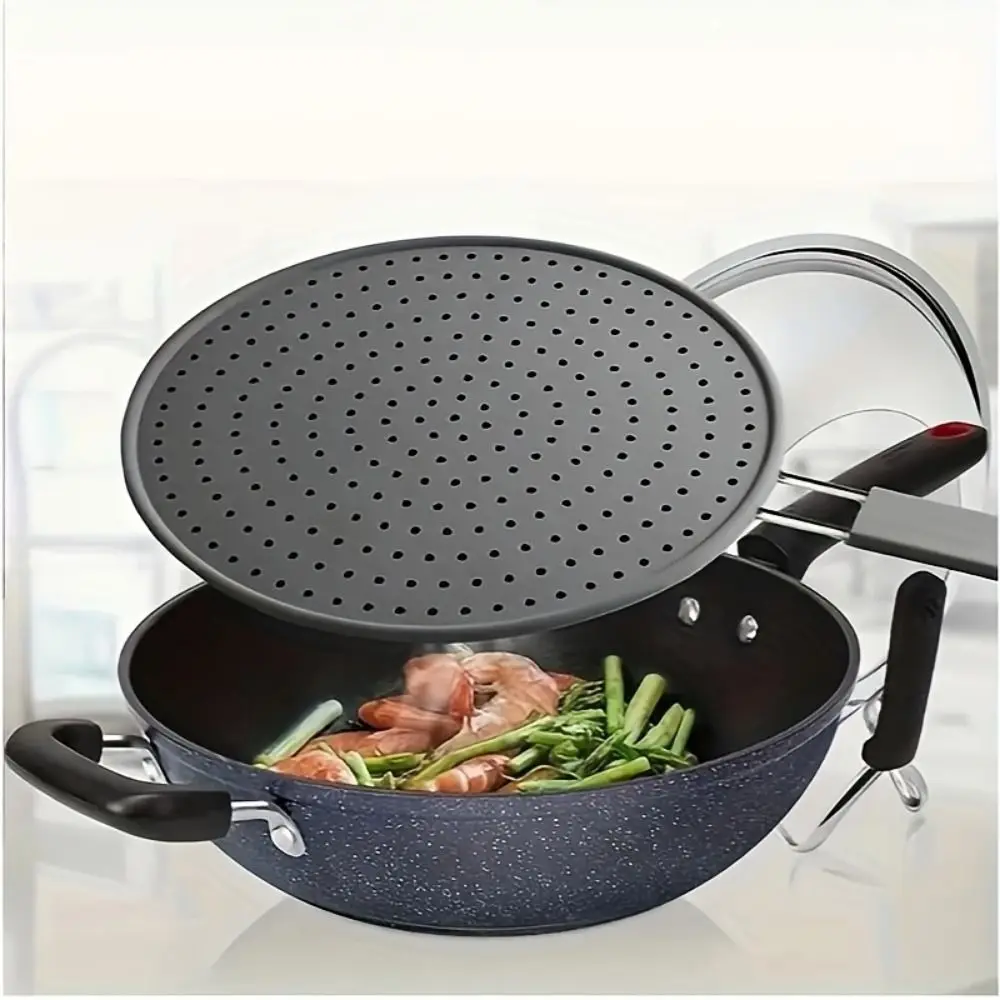 Heat Resistant Kitchen Splash Plate with Handle Food Grade Silicone Splatter Screen Scald Proof Hollow Out