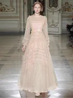 Seasixiang-فستان ماكسي شبكي نسائي ، برقبة دائرية ، كم فانوس ، تطريز ترتر ، كشكش ، فستان حفلة عتيق ، موضة خريف 1