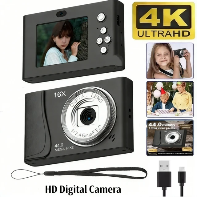4K Digital Camera 24 Million Pixels Children Camcorder 16x Zoom Compact Cameras Auto Focus for Kids Adult Beginners Photograph