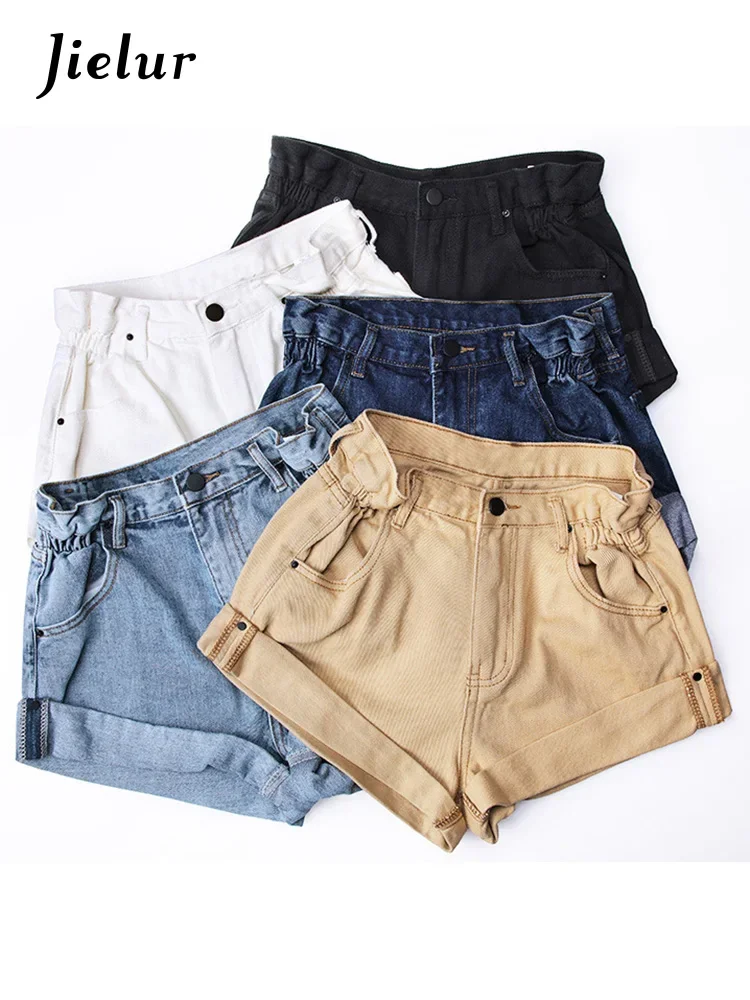Jielur Denim Shorts Women White Women Short Jeans Khaki Wide Leg Elastic Waist Vintage Casual High Waist Shorts Women Summer