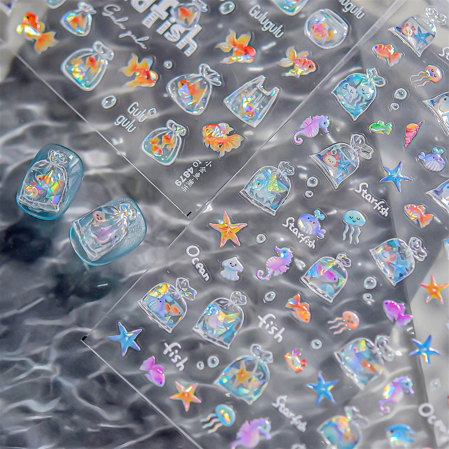 Bagful Brocaded Carp Goldfish Jellyfish Water Bubbles Seahorse Ocean Starfish Whale Adhesive Nail Art Stickers Manicure Decals