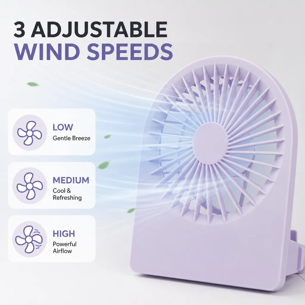 Compact USB Rechargeable Desk Fan with Cellphone Holder – 3-Speed, Low Noise, Portable Air Cooler