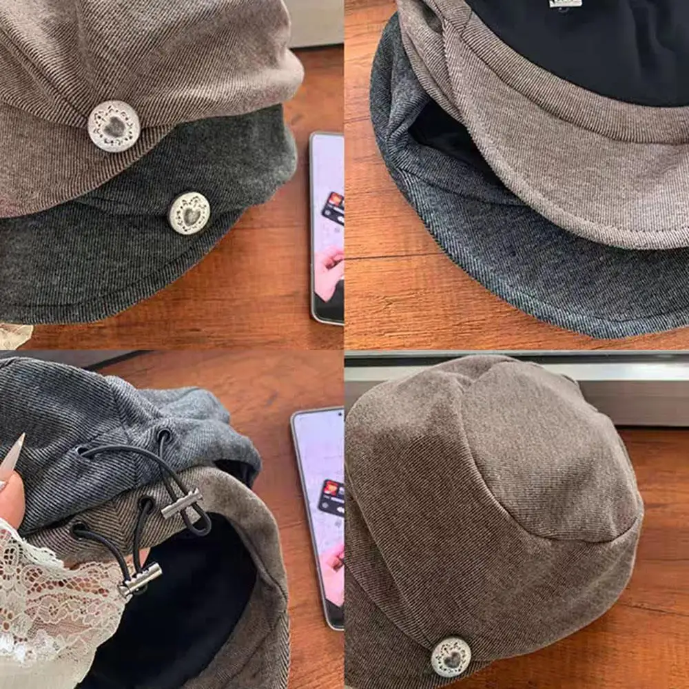 Japanese Style Ruched Button Octagonal Hat Vintage Beret Hat Women Elegant Artist Beret Autumn Winter Casual Brown Peaked Cap