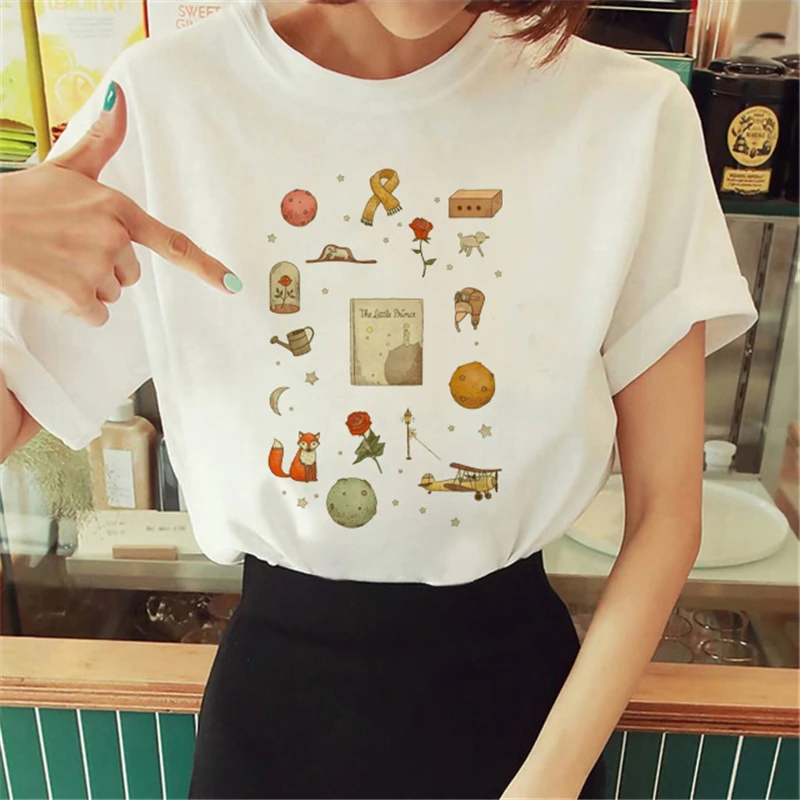 S2f177e140b144820846434813018b383U Cartoon T-shirt Little Prince Print Graphic Women T Shirt Little Prince Graphic Tee Shirts for women O-Neck Short Sleeve