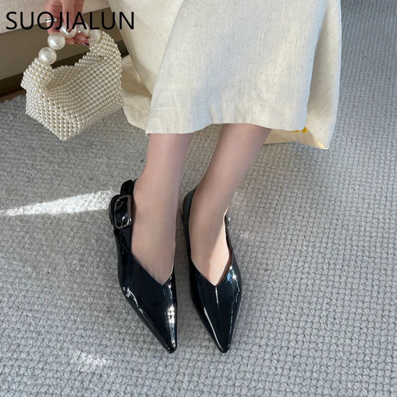 SUOJIALUN New Brand Women Sandal Fashion Pointed Toe Shallow Slip On Slingback Shoes Soft Flat Heel Outdoor Dress Mules Sho
