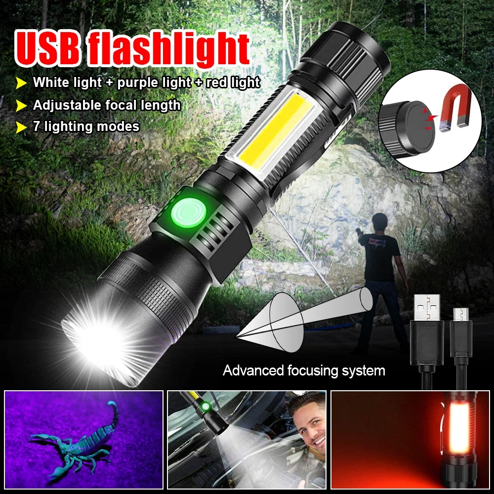 Led Flashlight, White/white+uv Light, Zoomable, Waterproof