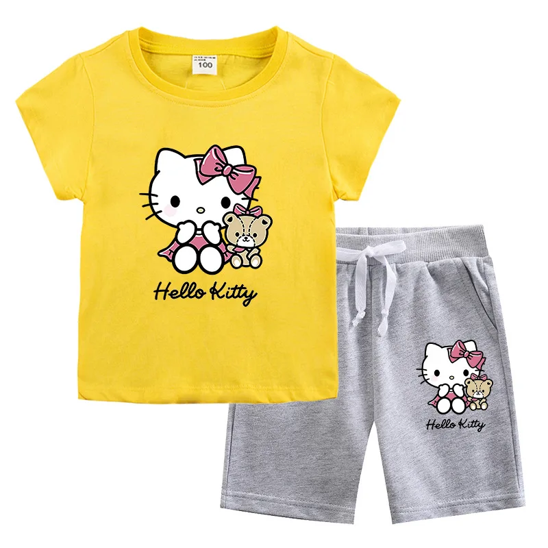 thumbnail image 1 of Hello Kitty nueva ropa para niños, Tops de algodón para niñas, pantalones cortos, traje de dos piezas, pantalones casuales de cinco puntos para niños + conjunto de Camiseta de cuello redondo, 1 of 4