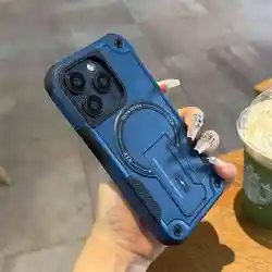 Magnetic Foldable Stand Holder with Heavy Duty Armor and Shockproof Protection for iPhone 17 (Navy Blue)