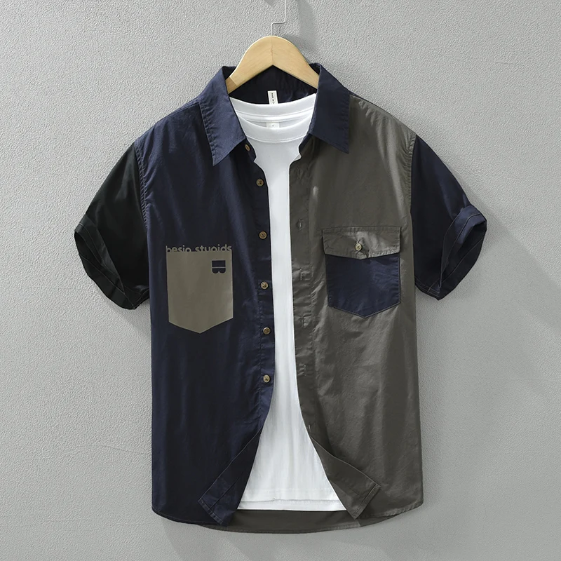

Модные мужские рубашки с коротким рукавом в стиле пэчворк, Новинка лета 2024, повседневные свободные хлопковые рубашки