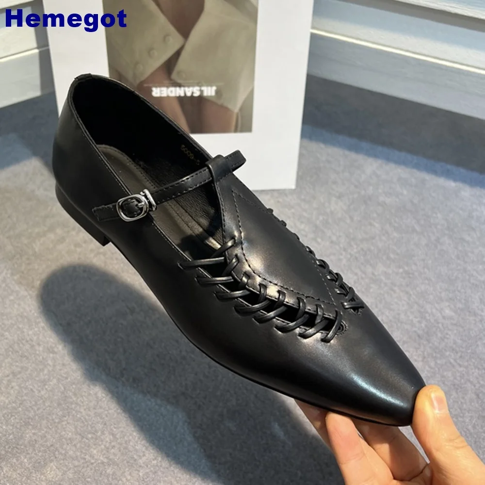 Pointed Toe Woven Leather Roman Shoes 2024 Summer Casual Shallow Buckle Comfort Flat Shoes Black Fashion Women Pumps