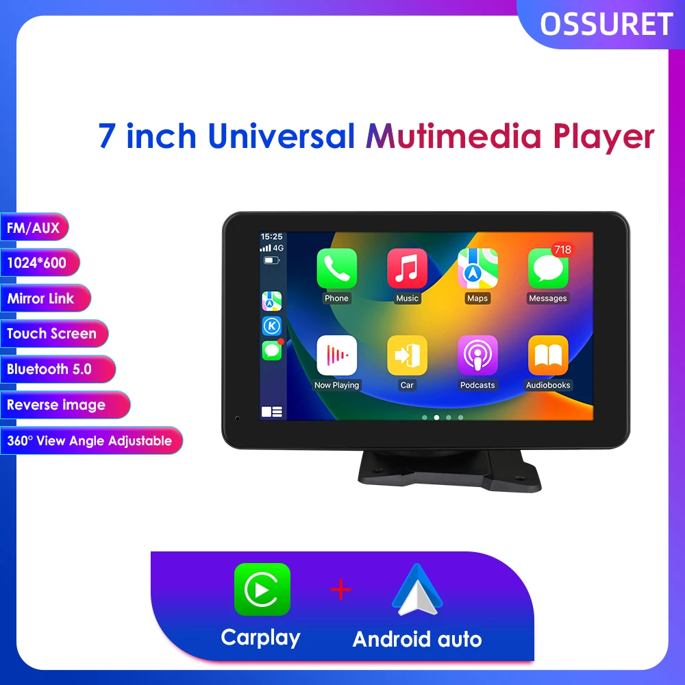 

7" Universal Car Multimedia Radio Android Auto Wireless Carplay for VW Opel Nissan Honda 360° Rotatable Full Touch Screen BT FM