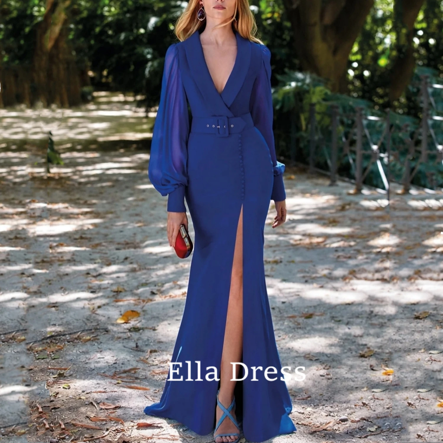 

Ella Modern Simple Long-sleeved Royal Blue Mermaid V-neck Mother of the Bride Dress With Side Slits One Piece Dress Ball Gown