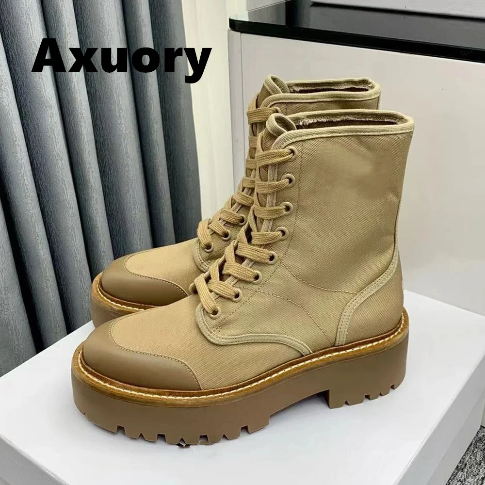2024 New Women's Ankle Boot Nylon Fabric Genuine leather sole Thick bottom anti slip Lace-up Luxury Design