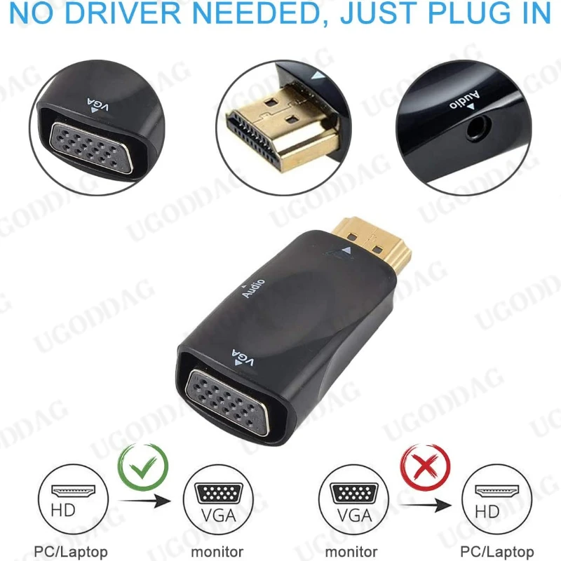 HDMI to VGA Adapter Cable VGA to HDMI Converter 3.5mm Audio Port Out 1080P HD Video Male Input Female Output For Computer Monitor PC TV