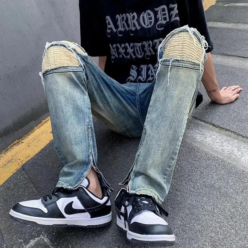 Y2K Fashion Stretch Slim Ripped Jeans Pants For Men Ankle Zipper Vintage Skinny Biker Denim Trousers men jeans ripped jeans ripped patchwork jeans