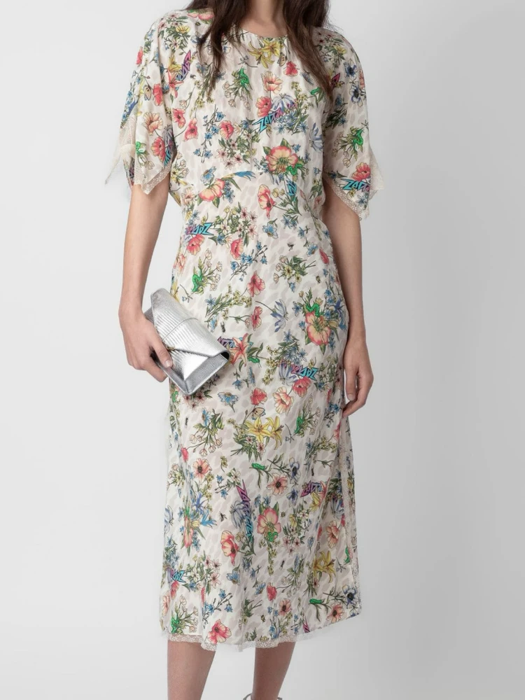 

2024 Spring and Summer New Style Floral Letter Print Short-sleeved Silk Dress Lace Splicing Hem Slit Midi Dresses for Women