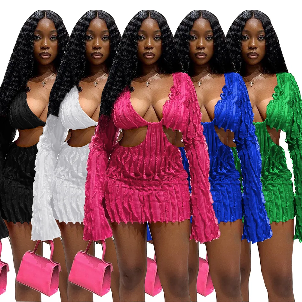 

Mesh Wave Cut Sexy Short Dress Fashion Solid Color Women's Clothing