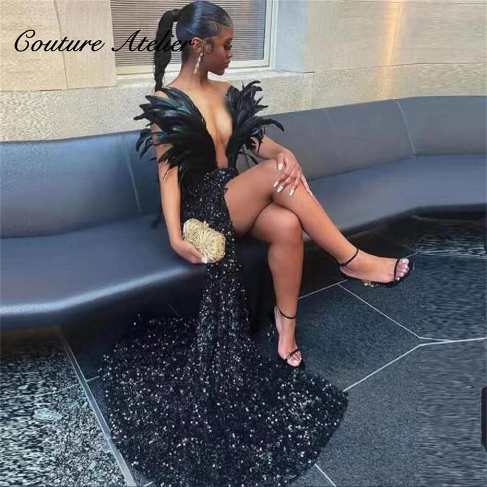 

Sexy Black Feathers Sequin Short Prom Dresses With Train Mermaid Cocktail Dress African Formal Occasion Gowns vestidos de gala