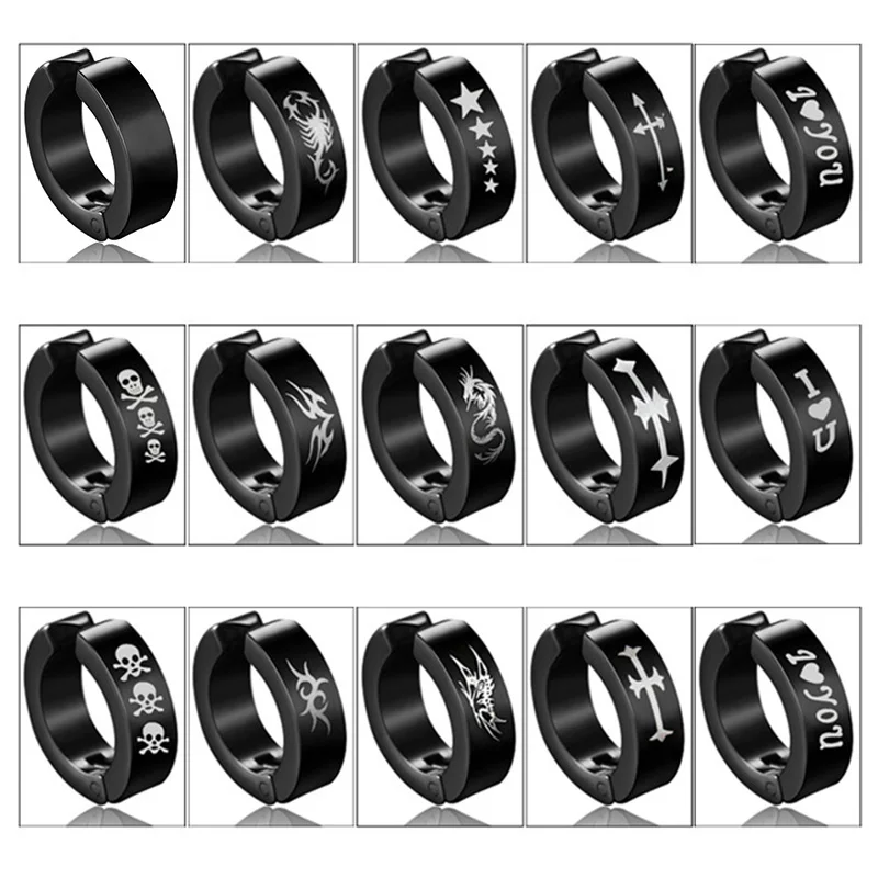 Ear Clip Earrings 2pieces Punk Titanium Steel For Men Women Print Pattern No Pierced