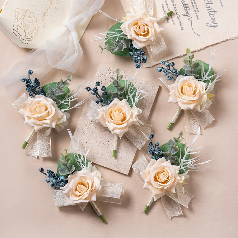 6PCS Männer Knopfloch Boutonniere Prom Hochzeit Zubehör Handgelenk Corsage Künstliche Blumen Party Graduierung Zeremonie Dekoration – Detail 6